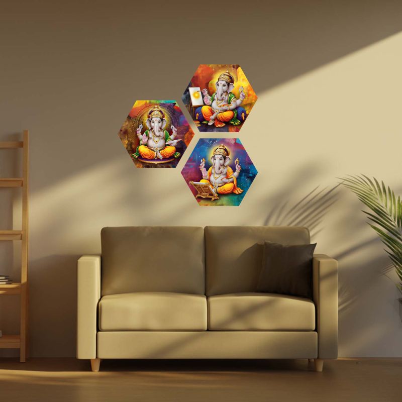 3 Piece Lord Ganesha Hexagon Wall Art Decoration Religious Art for Positivity UV Textured Spiritual Decor for Living Room, Home Temple and Office Paintings